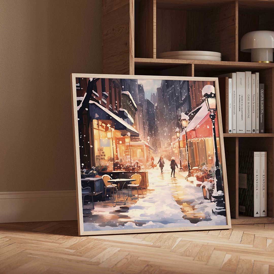 Winterse straat – vierkante kerst wanddecoratie van WallArtistic