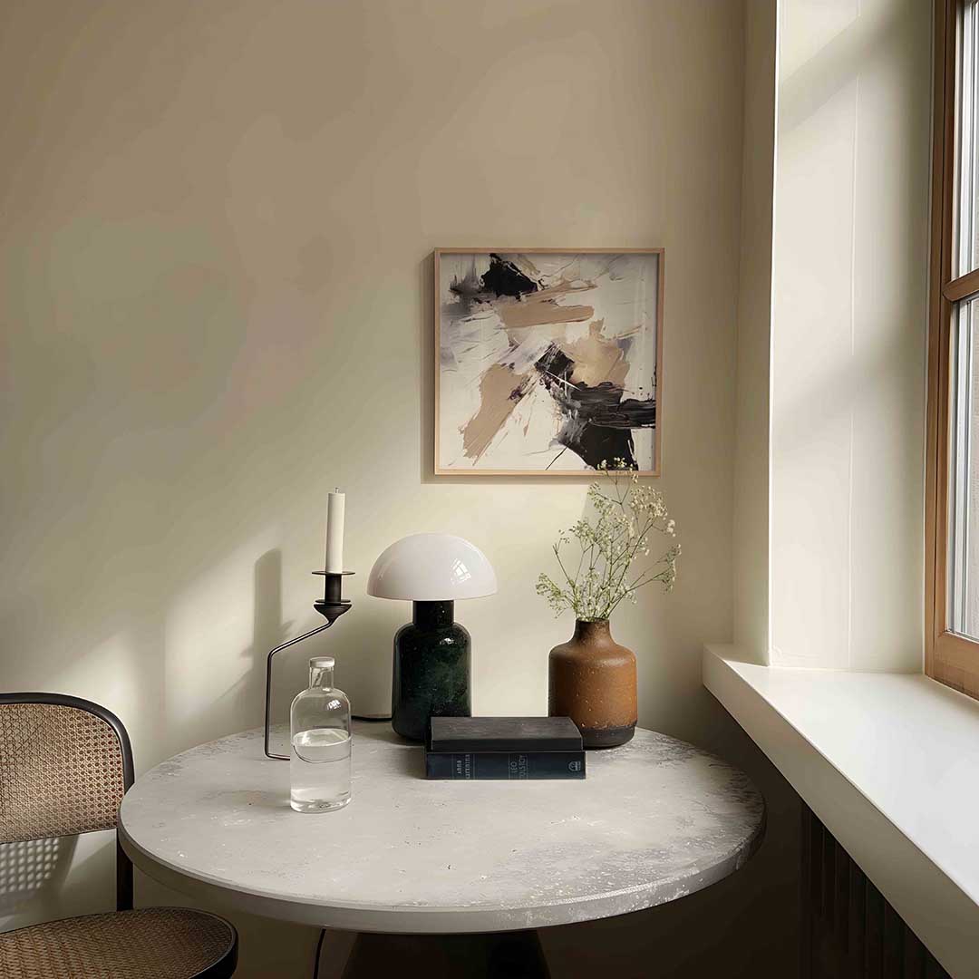 Abstracte beige en zwarte – abstracte poster in vierkant formaat met zachte uitstraling
