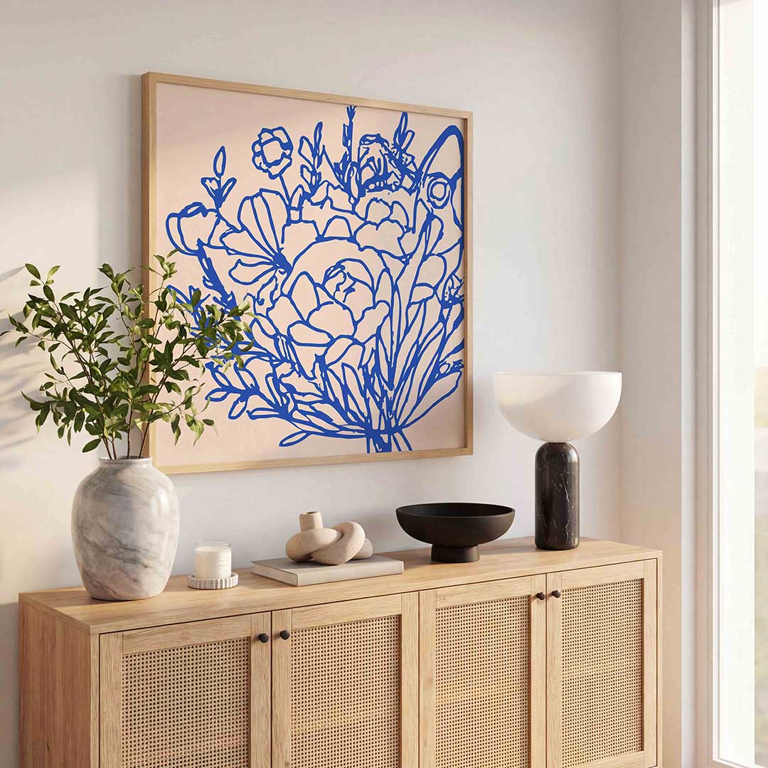 Blauwe bloemen – bloemen wandkunst als vierkante poster