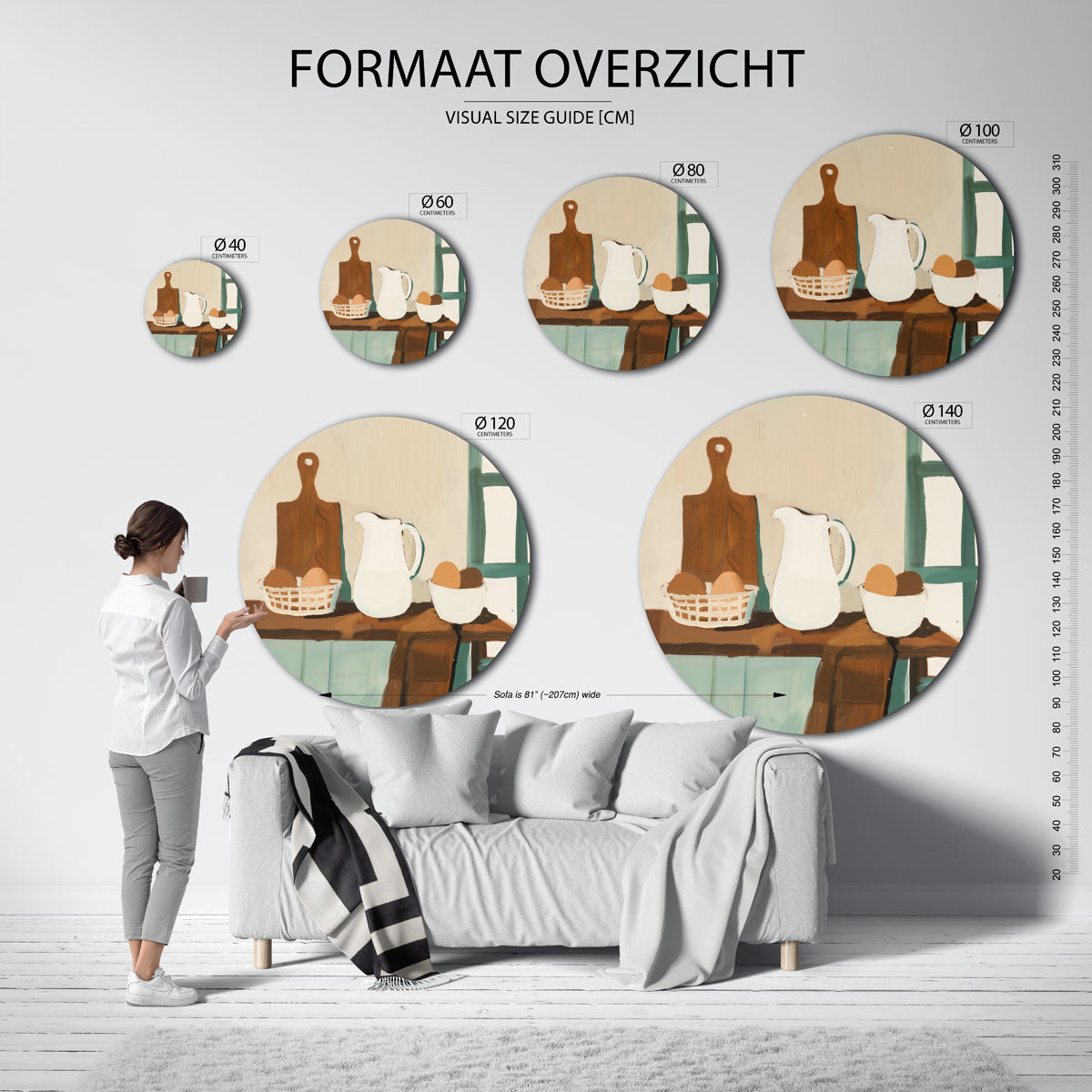Stilleven met kan en eieren – ronde muurdecoratie met kleur en vorm