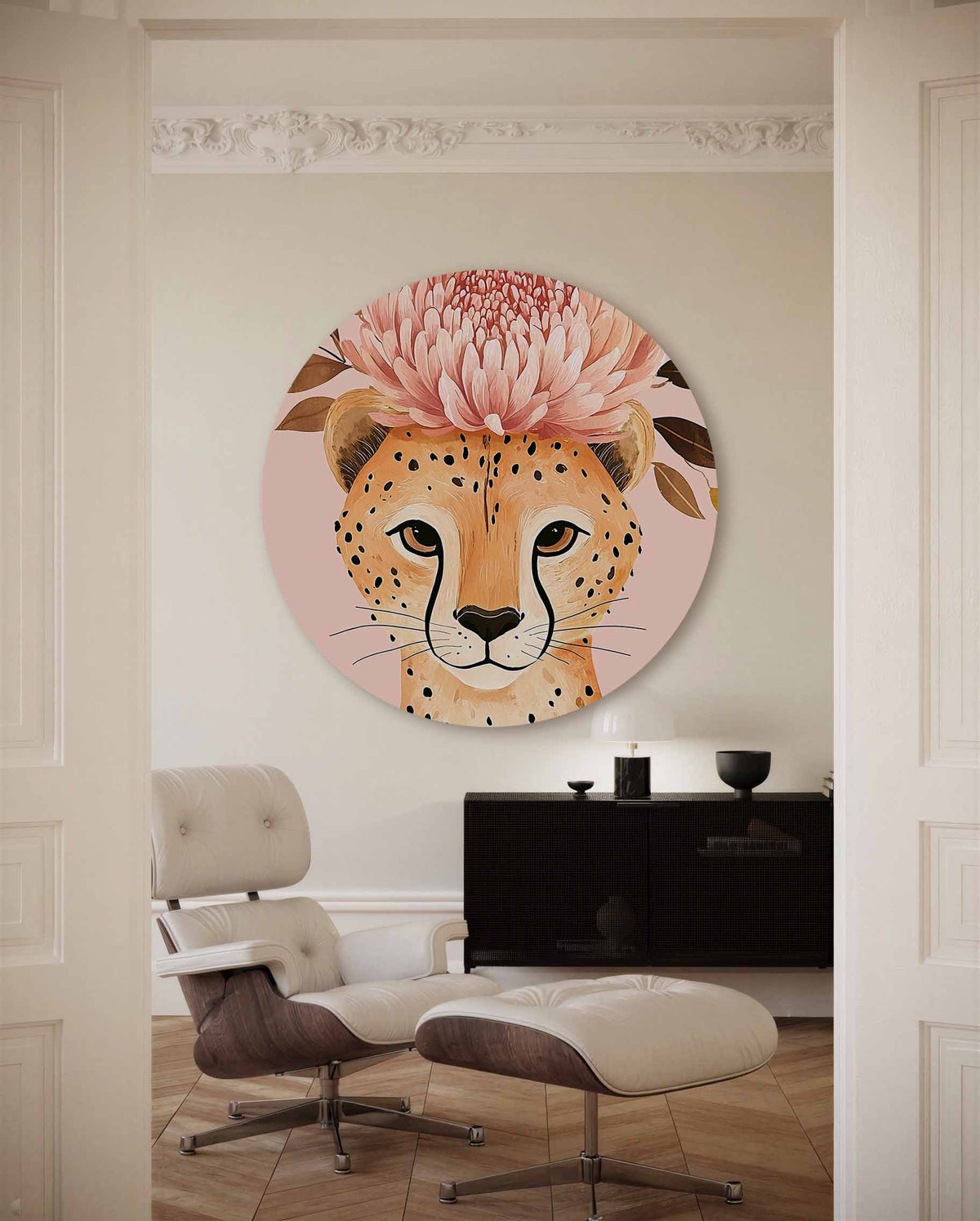 Luipaard met bloem – illustratie muurcirkel als ronde muurdecoratie