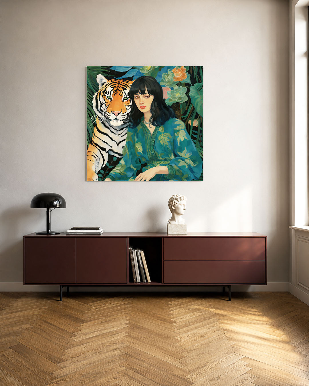 Dier en mens harmonie kunstwerk – tweede productweergave – dit kunstwerk toont een vrouw naast een tijger, omringd door