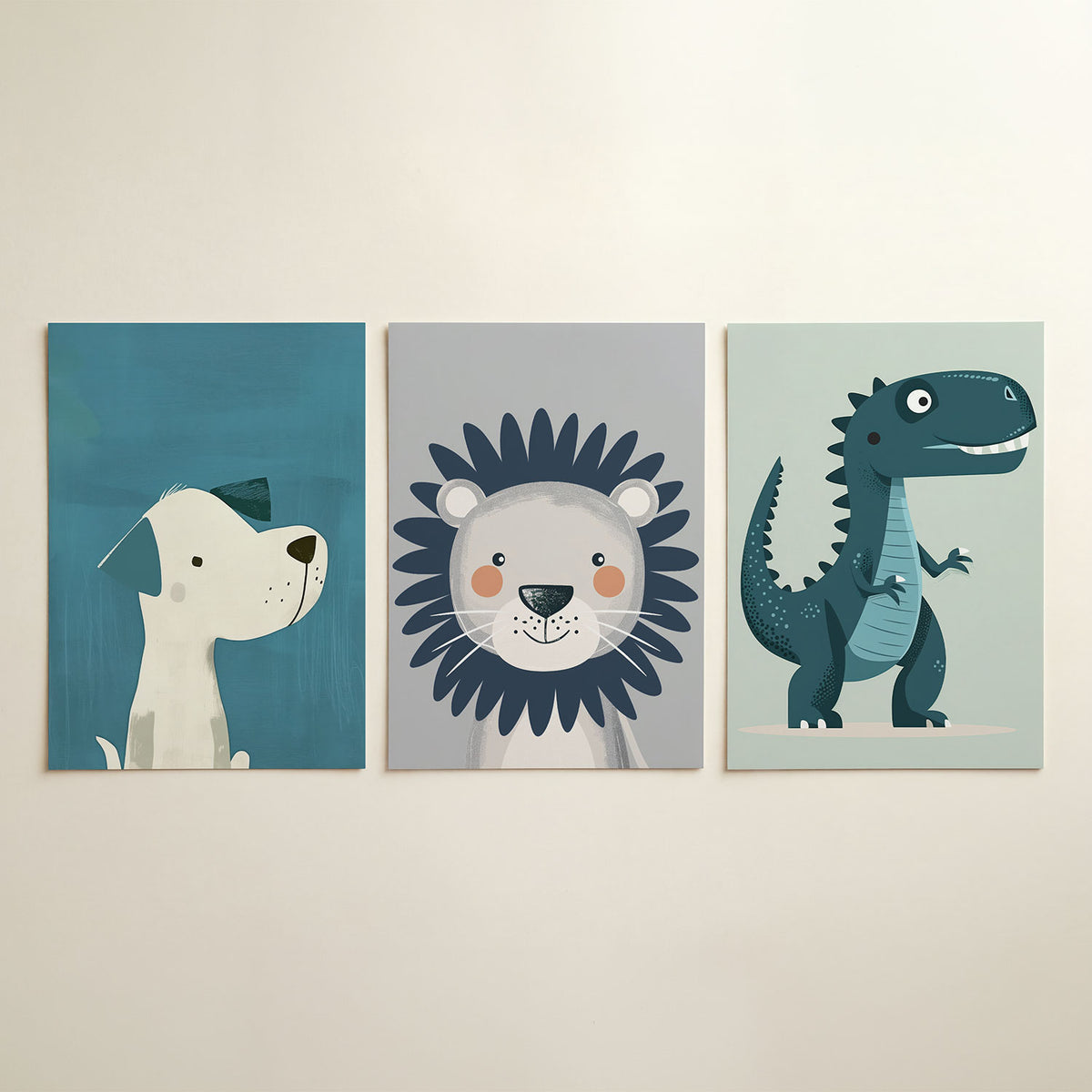 Hond in blauw driedelige posterset in interieur