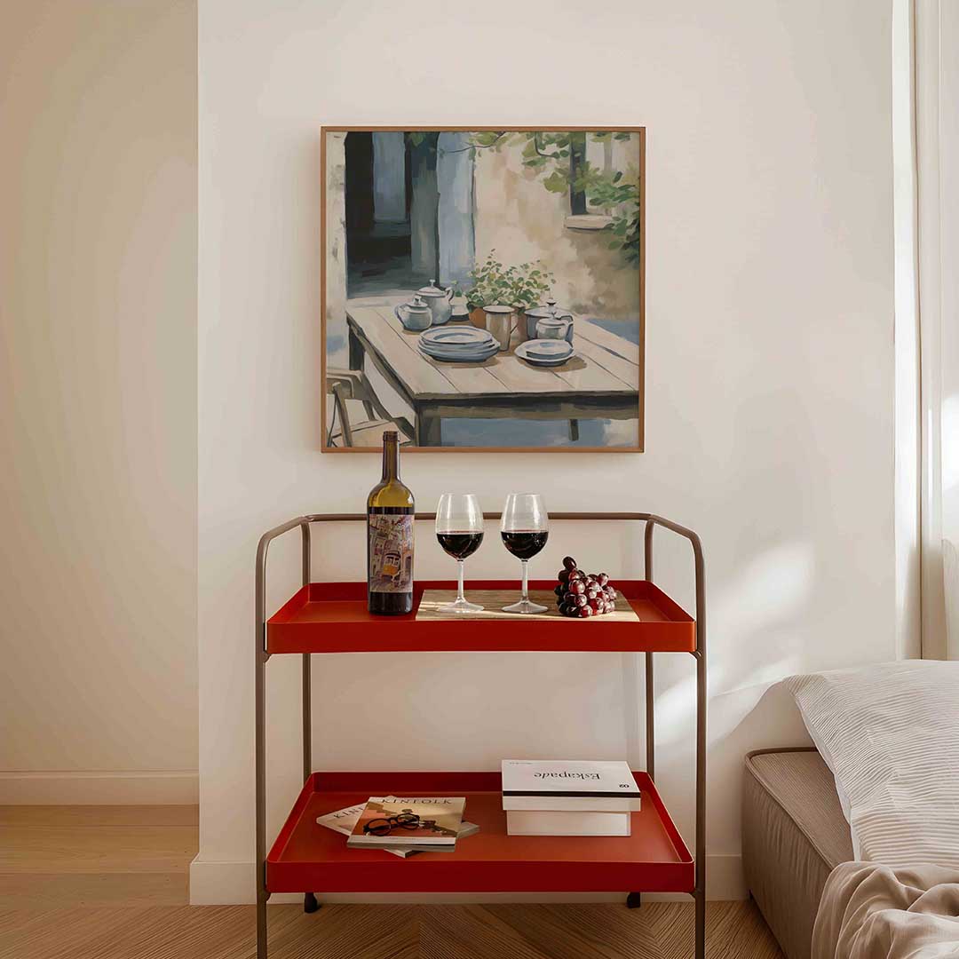 Buiten tafel met servies – vierkante keuken wanddecoratie van WallArtistic