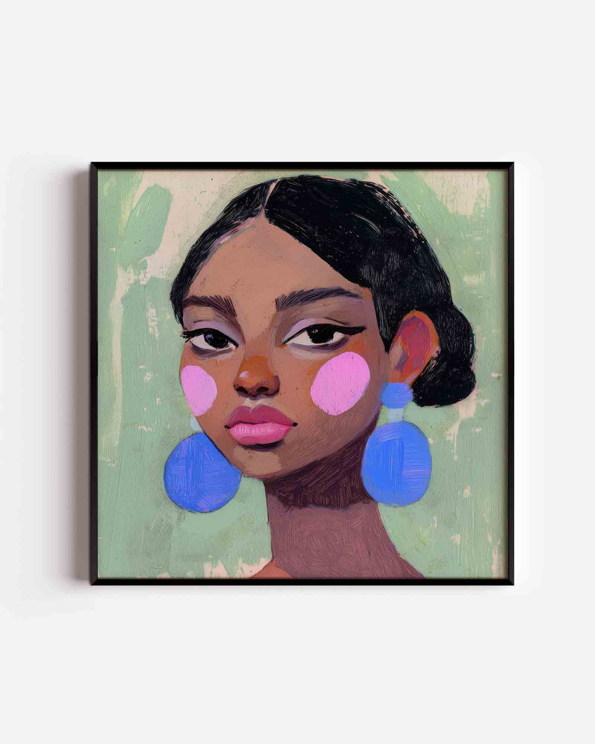 Vrouw met blauwe oorbellen – moderne vierkante poster als wanddecoratie