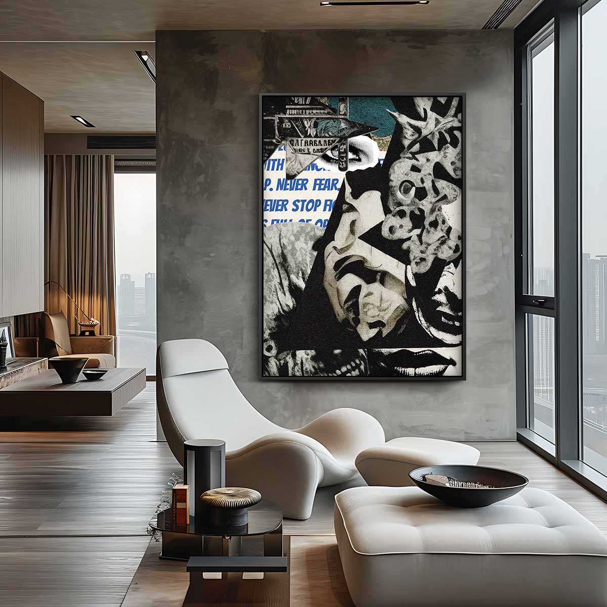 Dynamische Duistere Collage – kunstwerk met zwarte baklijst