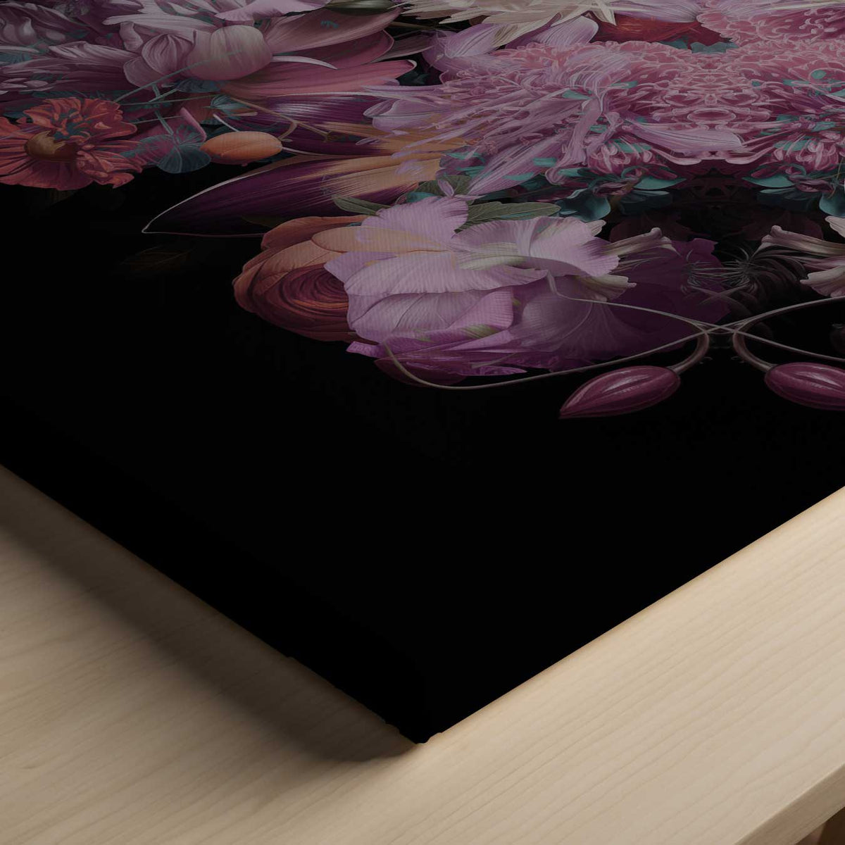 Bloemenpracht op Zwart – canvas kunstwerk als wanddecoratie