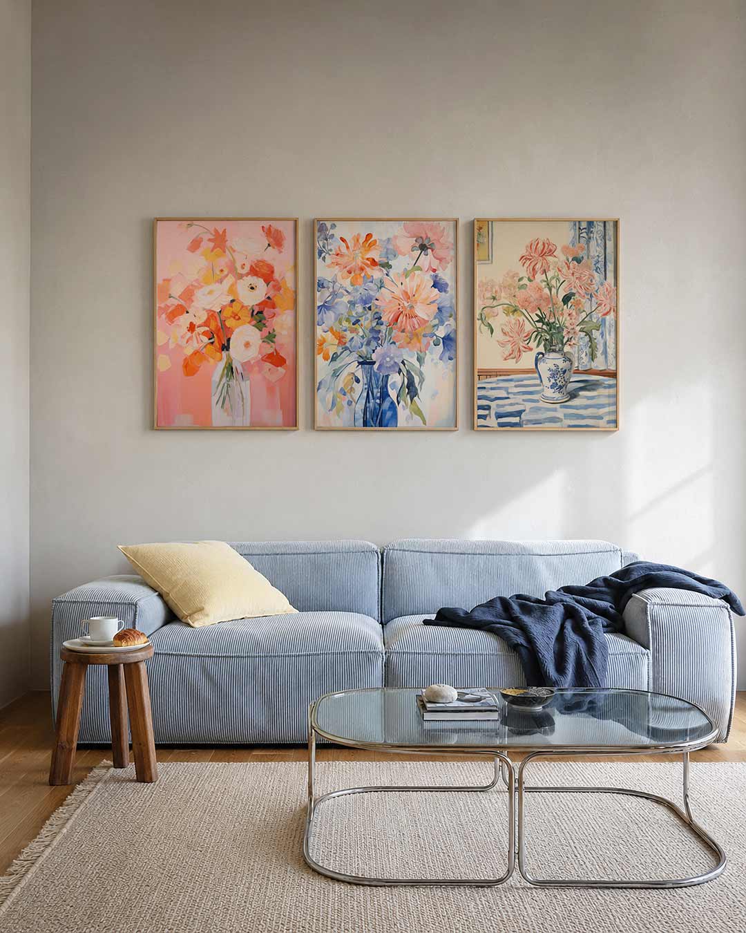 Bloemrijke kleurvlakken posterset – tweede productweergave – deze posterset in drie delen toont een levendig boeket in