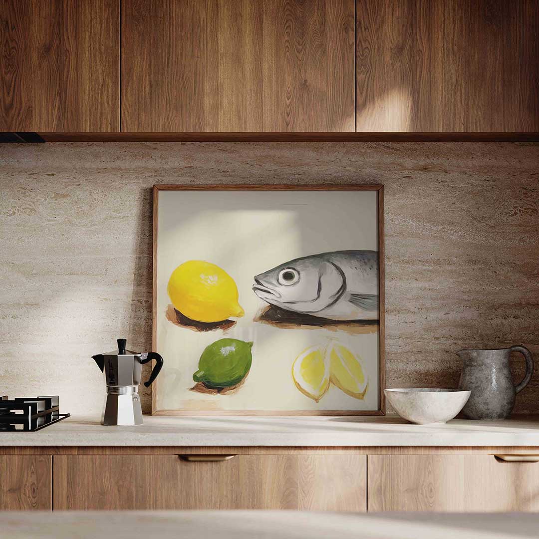 Vis en citrus – culinaire wandkunst als vierkante poster
