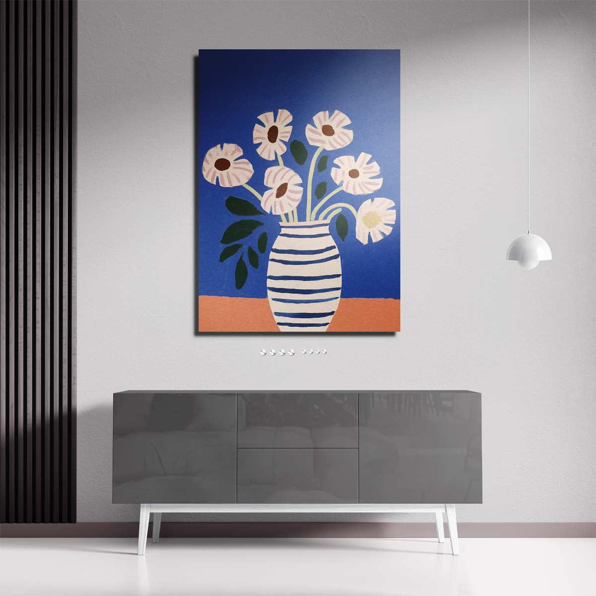 Stralende Bloemen in Gestreepte Vaas – portret kunstwerk als wanddecoratie, afbeelding 18