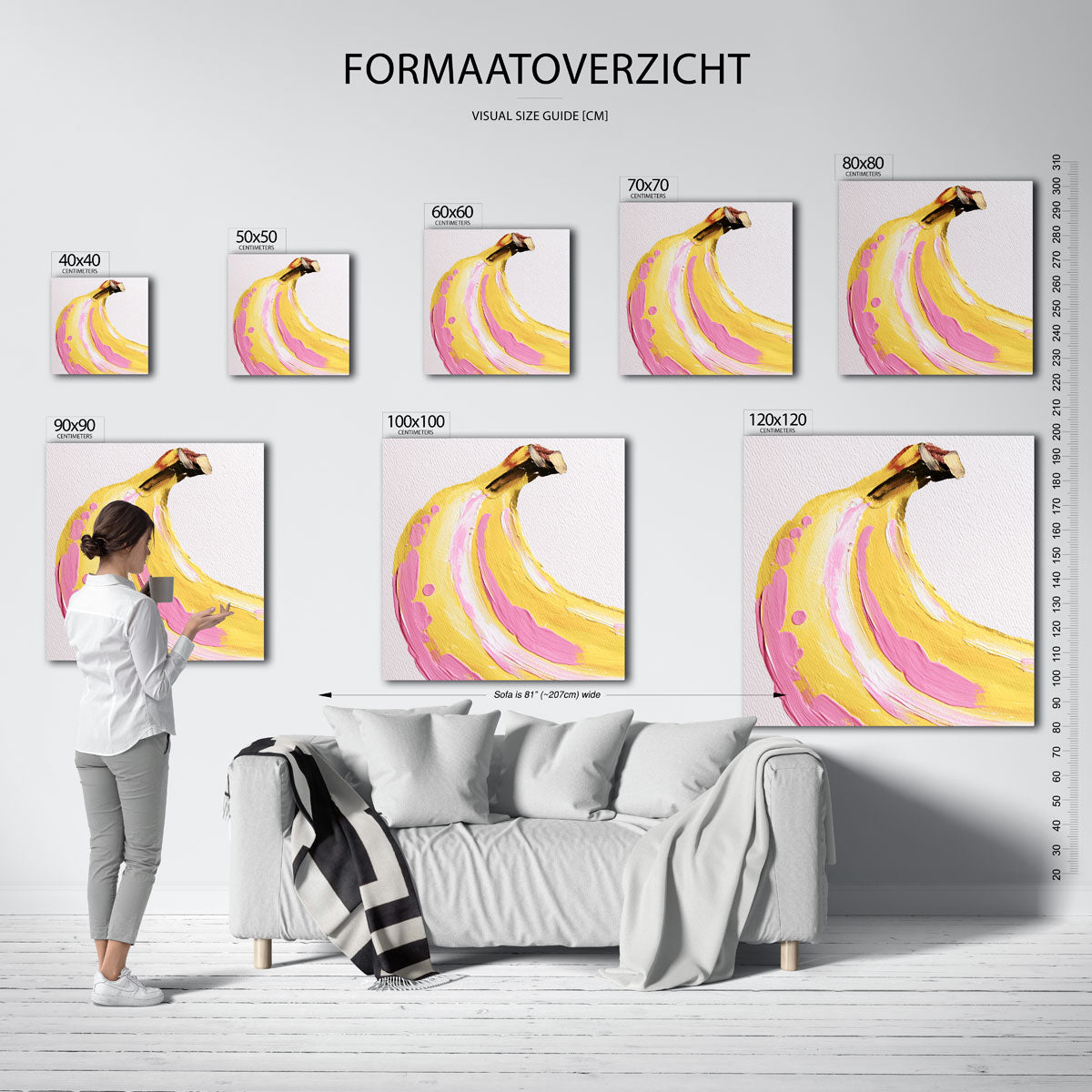 Banaan met roze accenten – vierkante muurposter met kleurrijke vormen