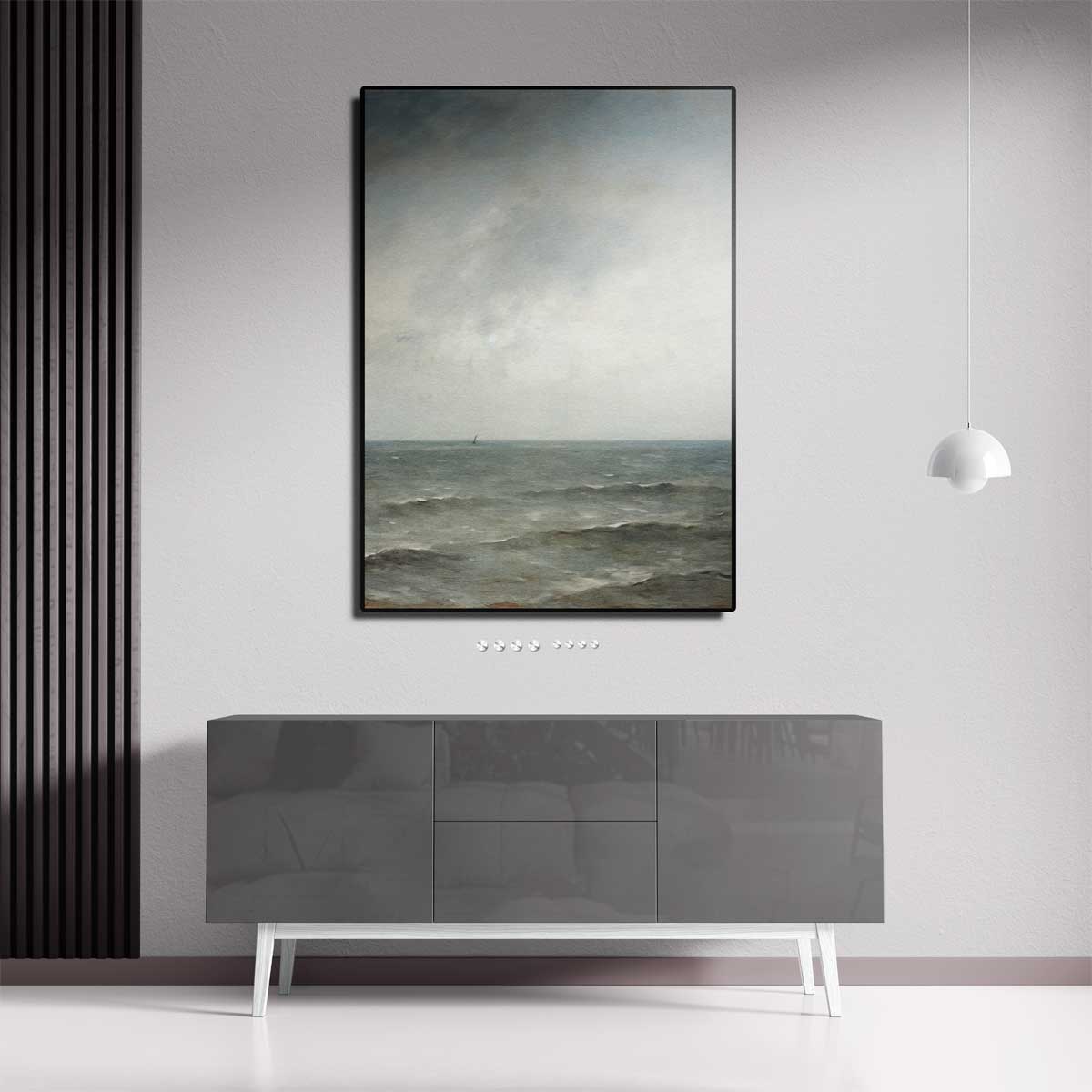 Rustige Zee onder Grijze Lucht – staande wandkunst voor woonkamer of interieur
