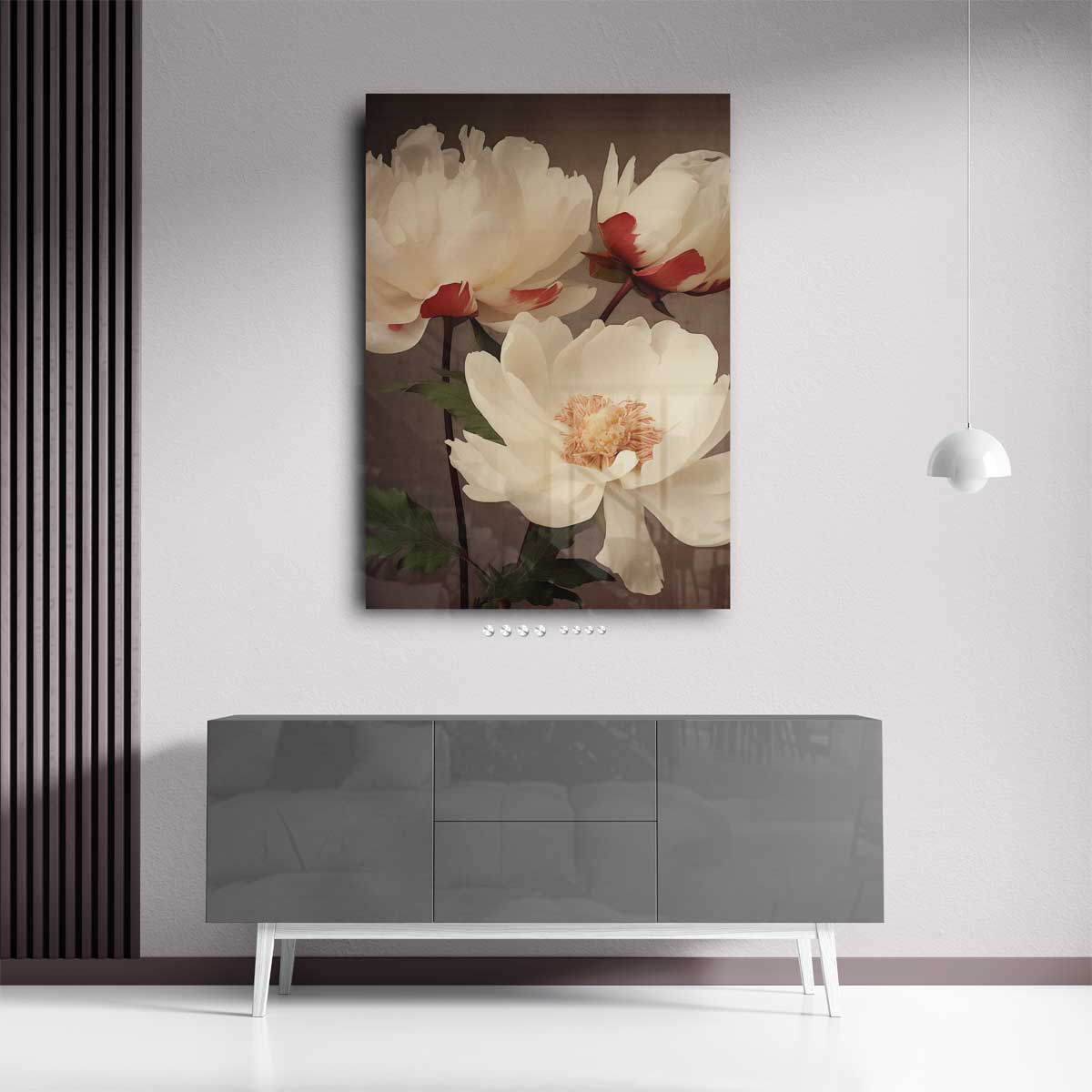 Elegantie van Witte Pioenrozen – staand kunstwerk voor modern interieur