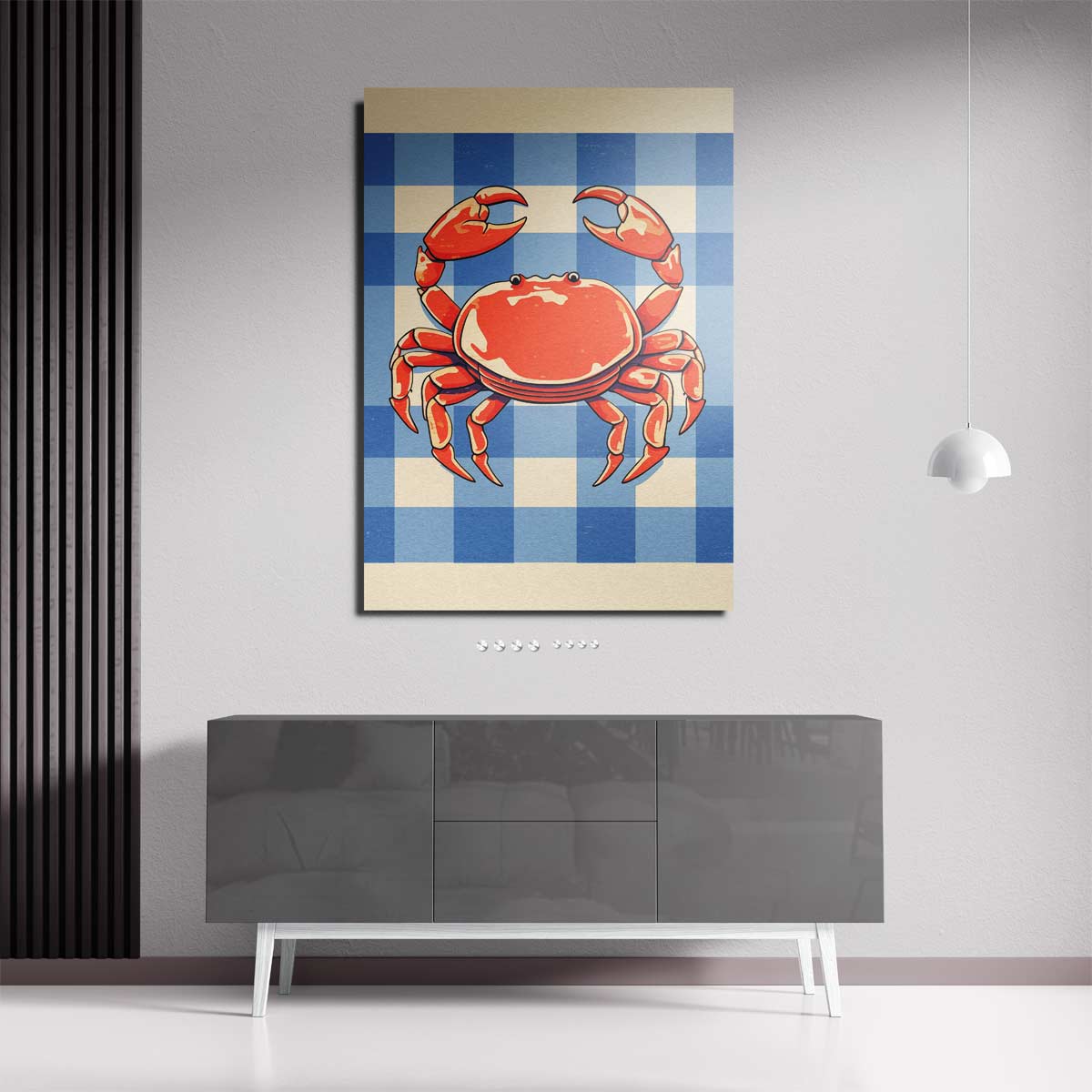 Vrolijke Krab op Blauw-Wit Patroon – staande wandkunst voor woonkamer of interieur