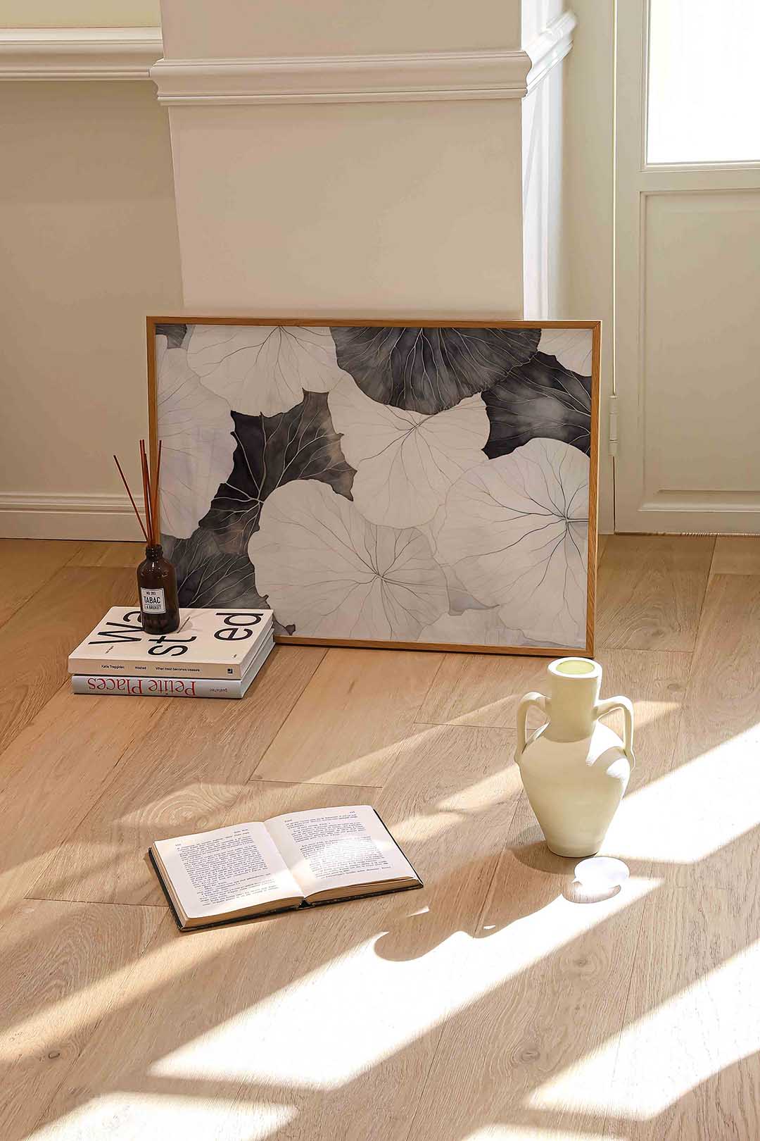 Bladeren in zwart wit – liggende abstracte wanddecoratie van WallArtistic
