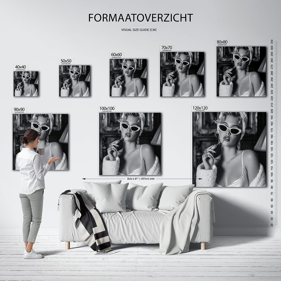 Elegante glamour kunstwerk – sfeerbeeld – dit kunstwerk toont een vrouw in een glamoureuze setting. De compositie is verfijnd