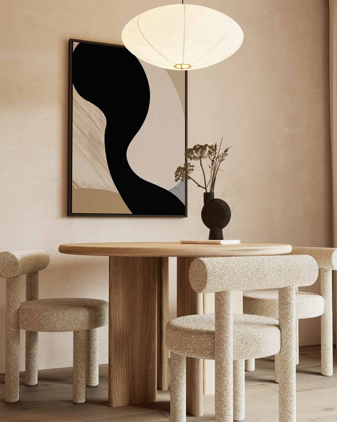 Abstracte Vormen in Beige – kunstwerk met zwarte baklijst