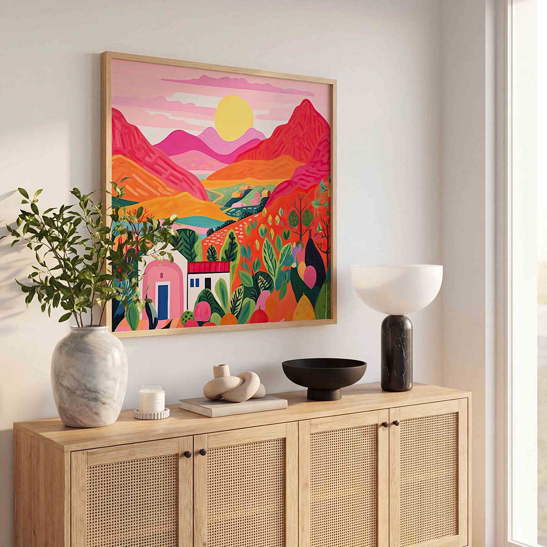 Landschap met bergen – illustratie poster in vierkant formaat