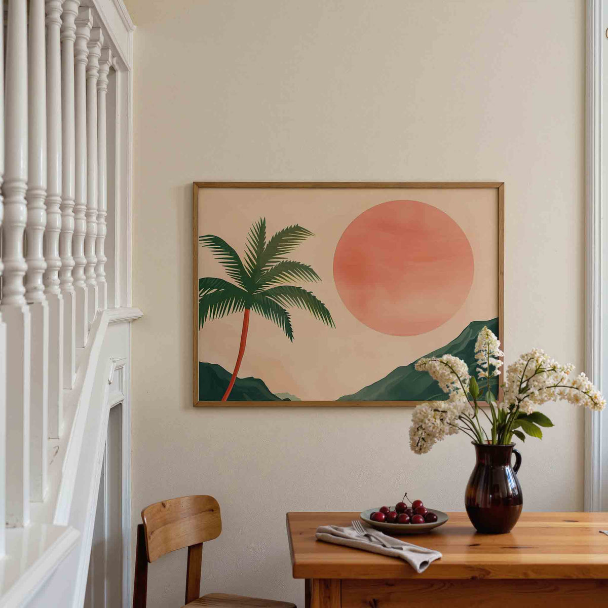 Palmboom en zon – liggende illustratie poster als wanddecoratie