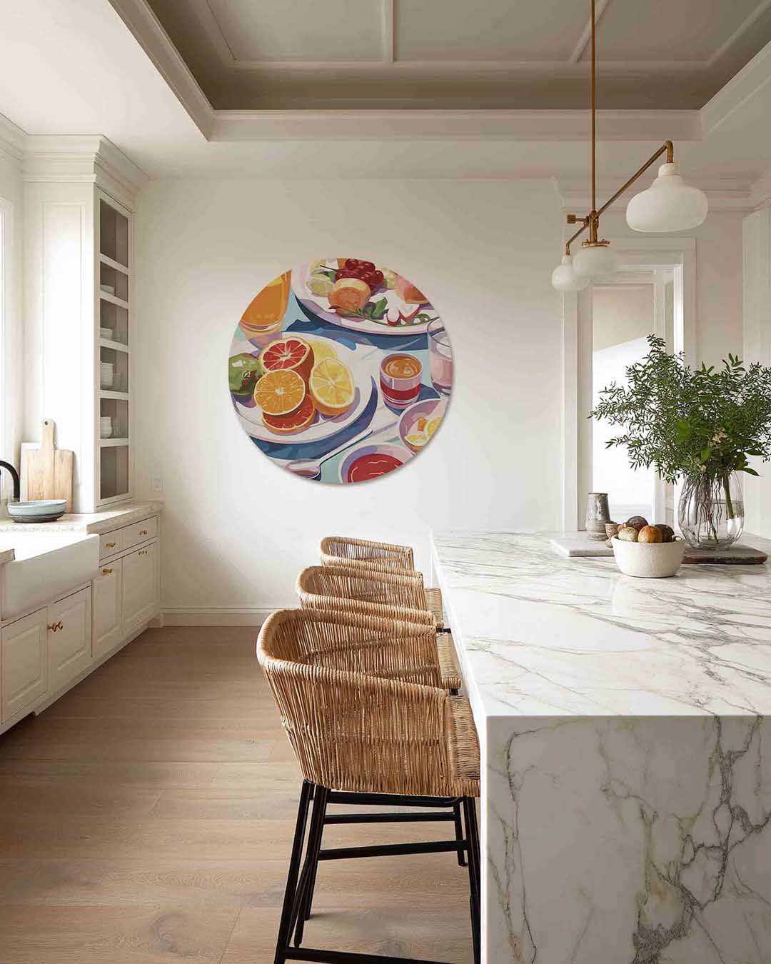 Fruit en drankjes – abstracte muurcirkel als ronde wanddecoratie