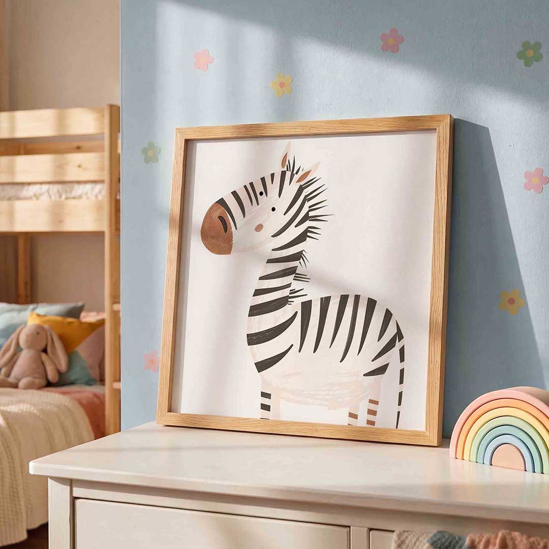 Zebra illustratie – speelse wandkunst als vierkante kinderposter