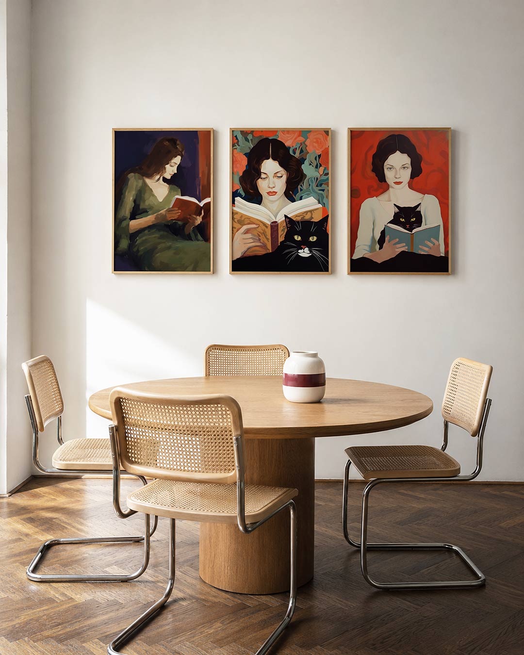 Lezende vrouw driedelige posterset in interieur