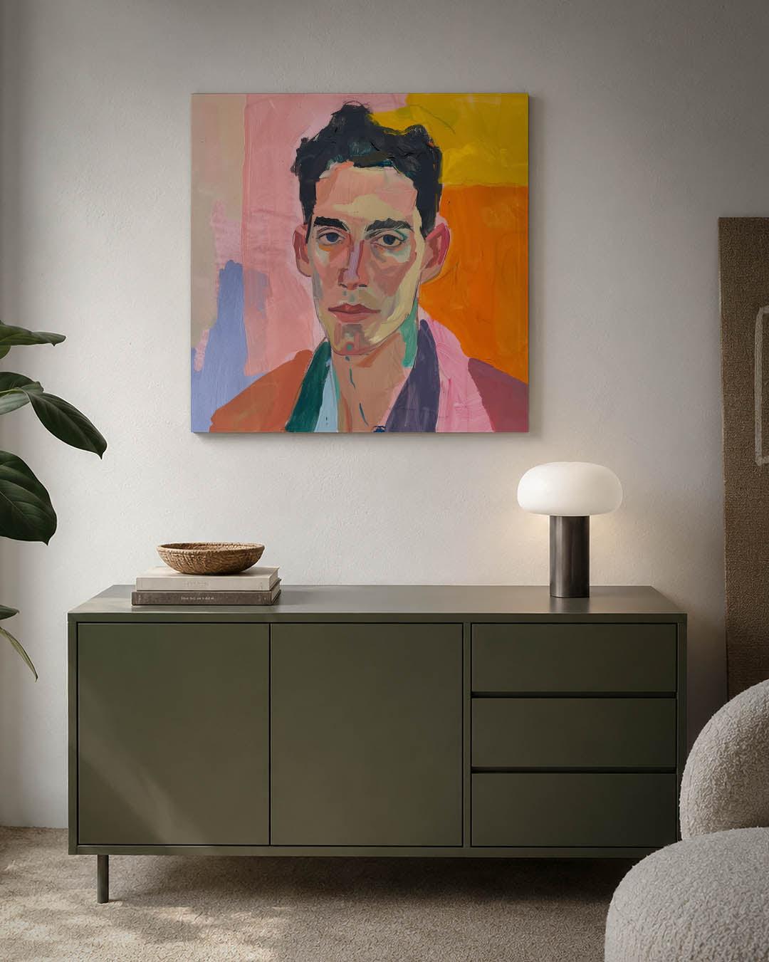 Portretstudie kunstwerk – detailweergave – dit werk toont een portret met gedurfde penseelstreken. De kleurencombinatie van