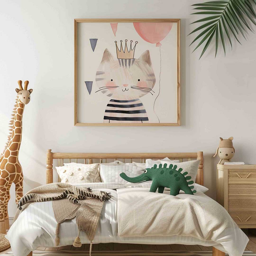 Kat met kroon – vierkante kinderkamer wanddecoratie van WallArtistic