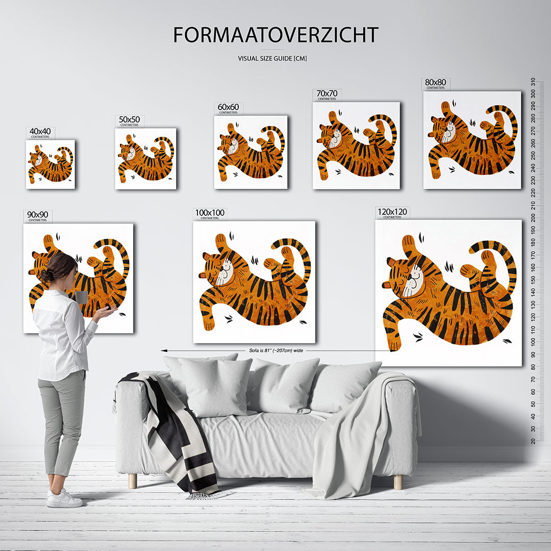 Speelse tijger illustratie kunstwerk – sfeerbeeld – dit beeld toont een vrolijke tijger in speelse houding. De levendige