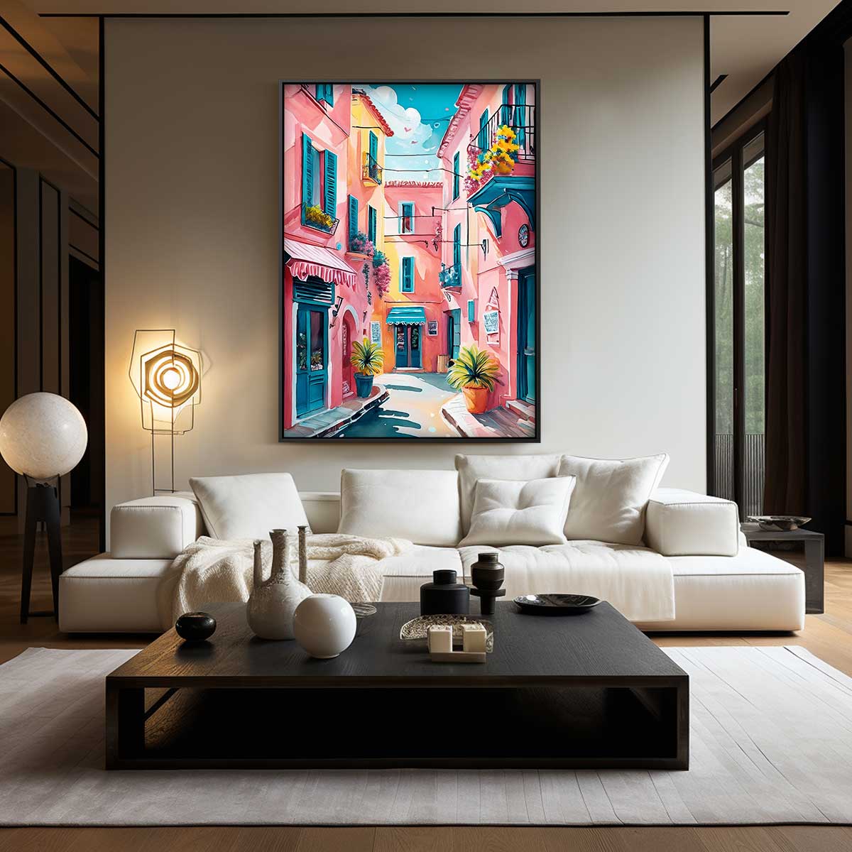 Kleurrijke Mediterrane Straat – kunstwerk met zwarte baklijst