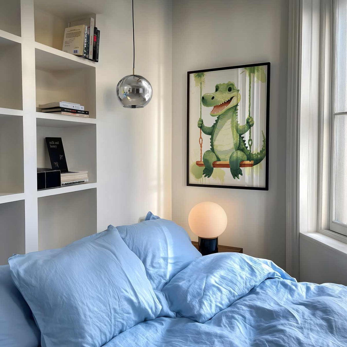 Krokodil op Schommel – speelse wandkunst als portret kinderposter