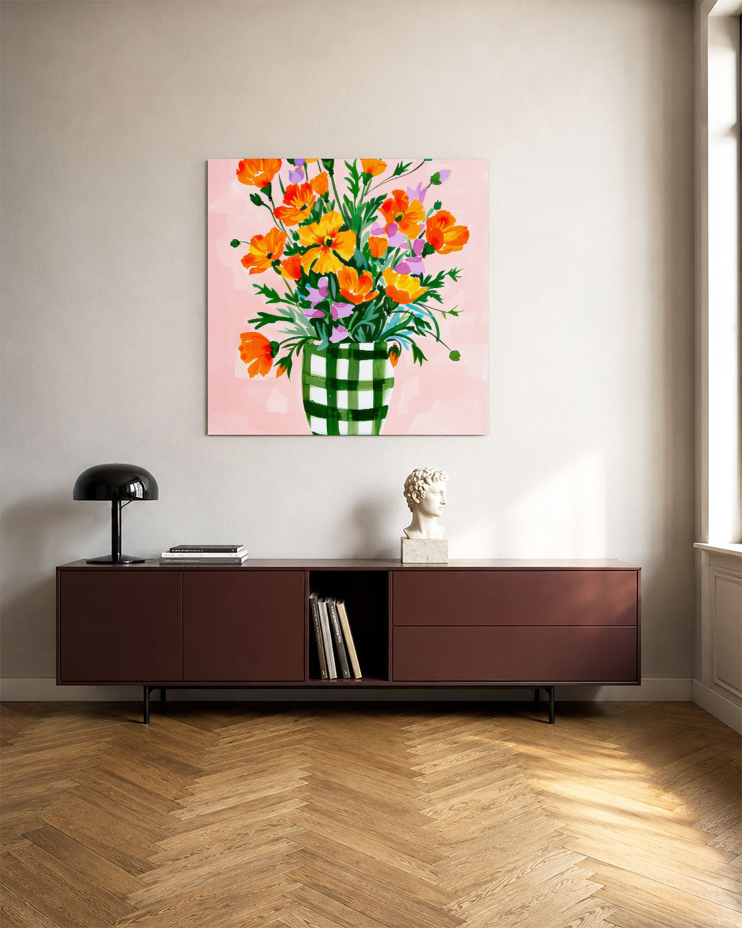 Bloemrijke compositie kunstwerk – tweede productweergave – dit kunstwerk toont een levendig boeket met oranje bloemen in een