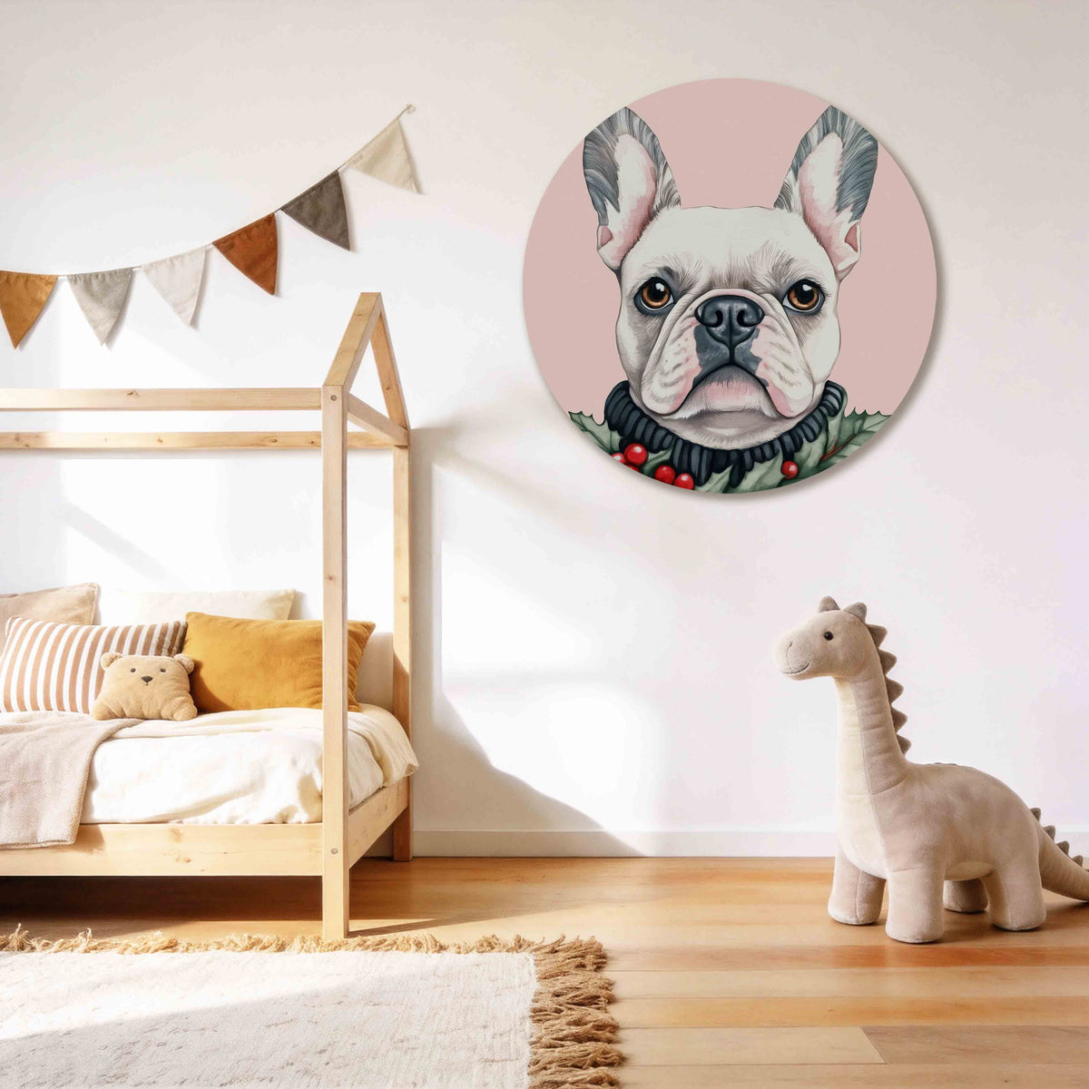 Franse bulldog Muurcirkel – tweede productweergave – Een Franse bulldog met een witte vacht en grote oren op een roze