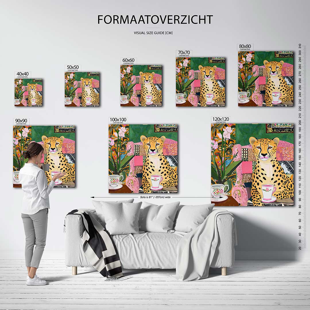 Vrolijke dierenkamer kunstwerk – dit werk toont een kleurrijke compositie met een luipaard in een levendige setting. De mix