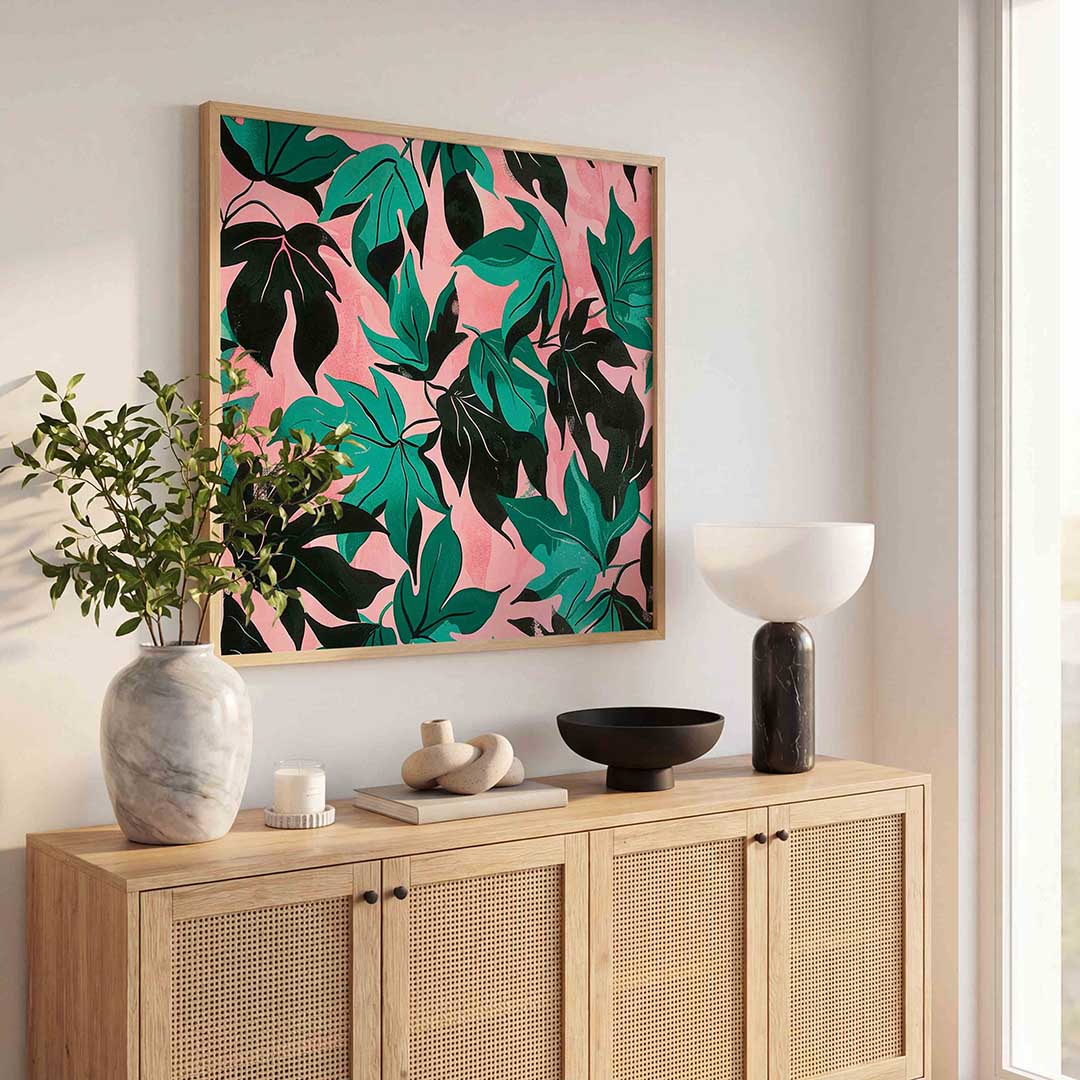 Bladeren op roze – illustratie poster in vierkant formaat