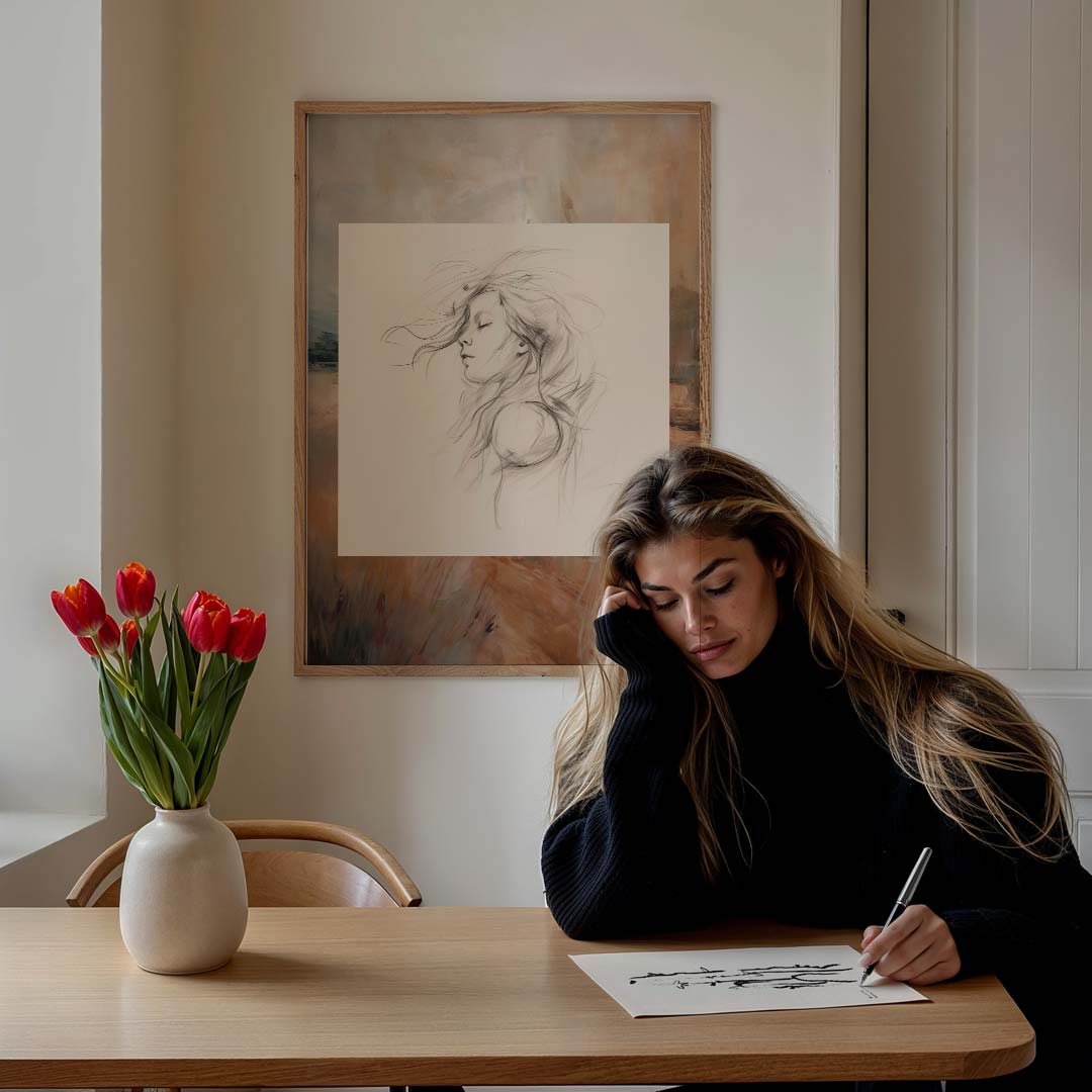 Dromerige Portretkunst – staande muurposter met botanische uitstraling