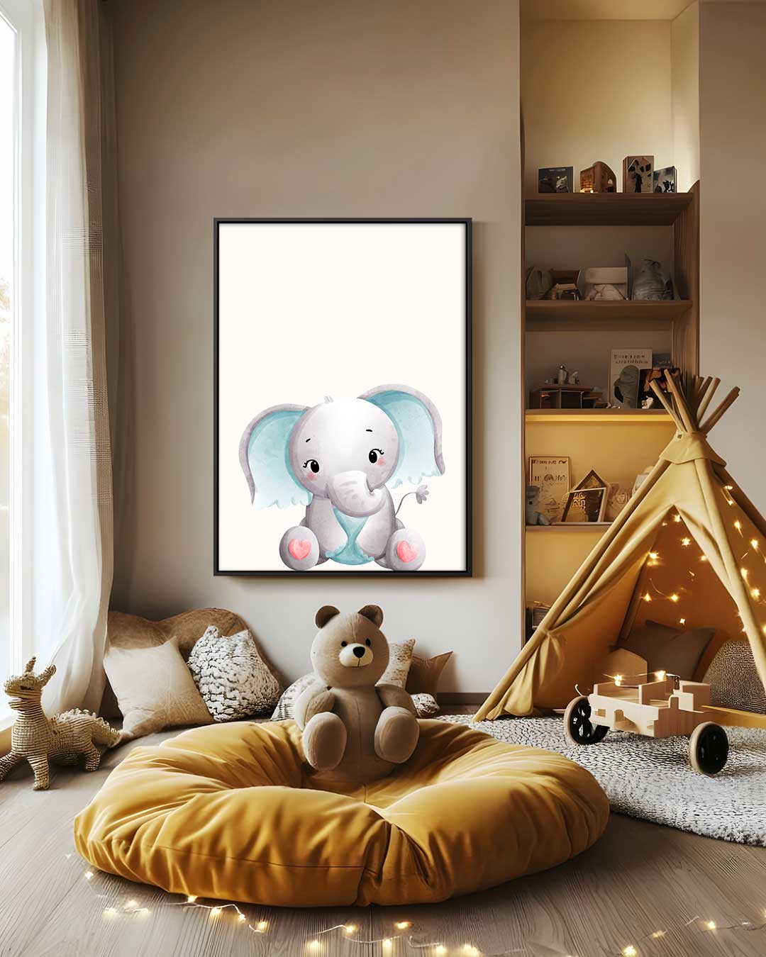Schattige Baby Olifant Illustratie – staand kunstwerk voor modern interieur