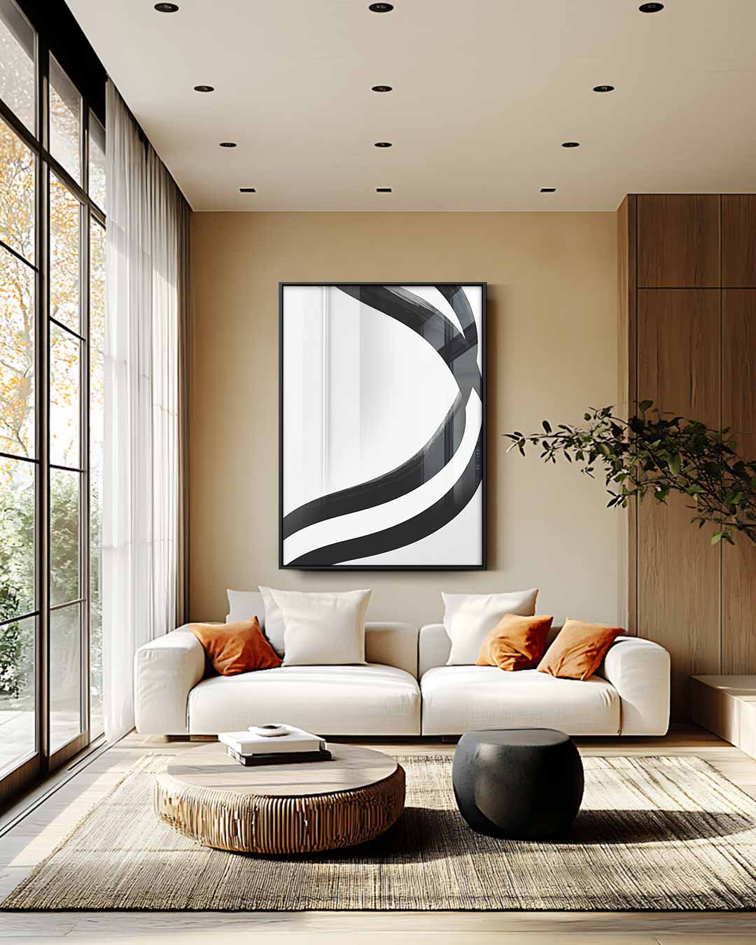 Stijlvolle Golven in Zwart & Wit – staande wandkunst voor woonkamer of interieur