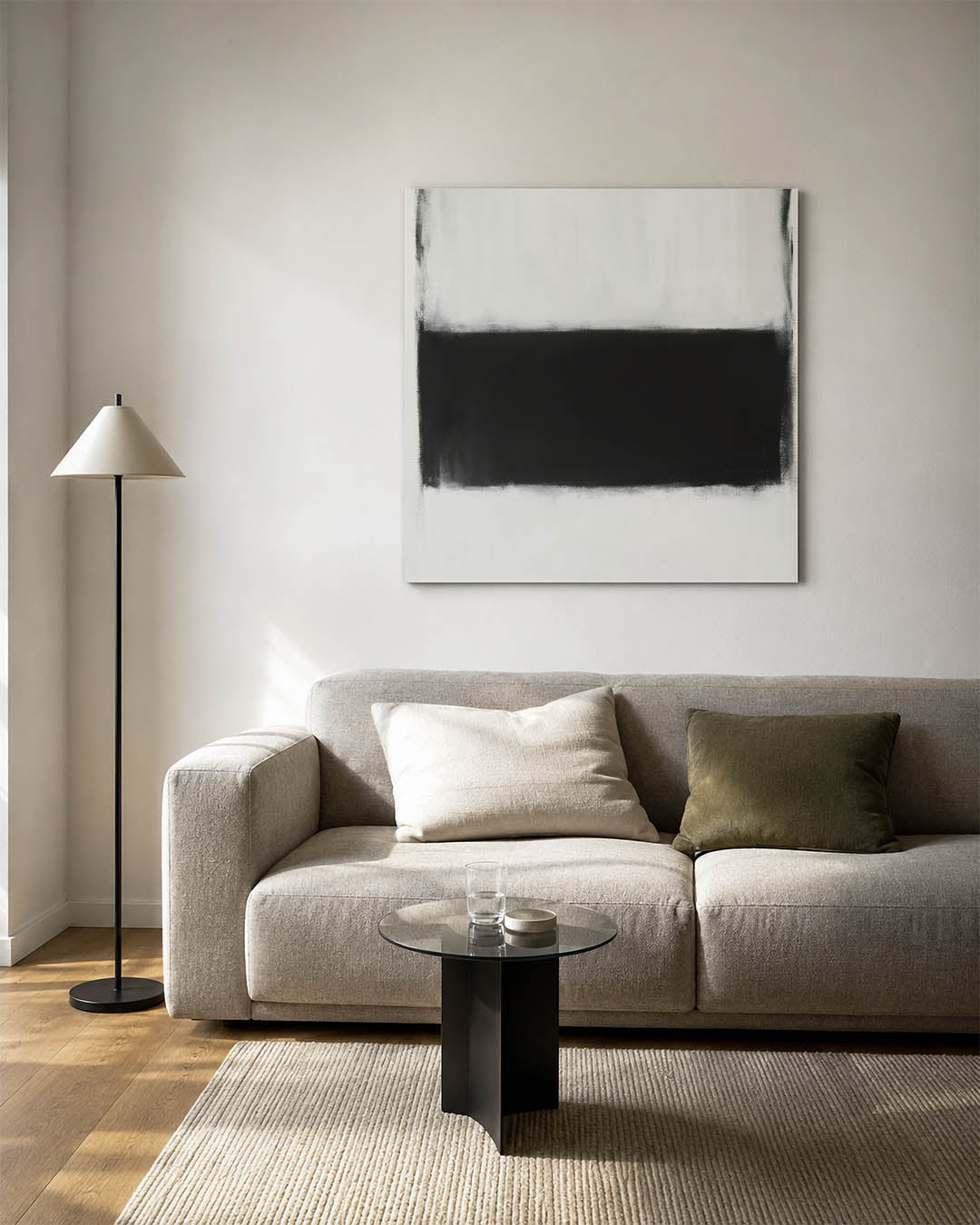 Eenvoudige kleurvlakken kunstwerk – vierkante wanddecoratie – dit werk toont een groot zwart vlak in het midden, omgeven door