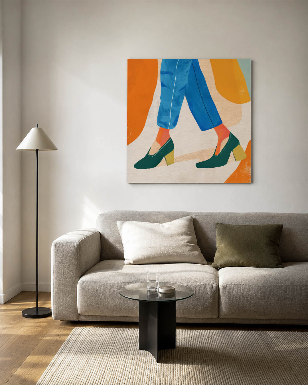Kleurencompositie kunstwerk – vierkante wanddecoratie – dit werk toont een levendige compositie van benen in blauwe broek en