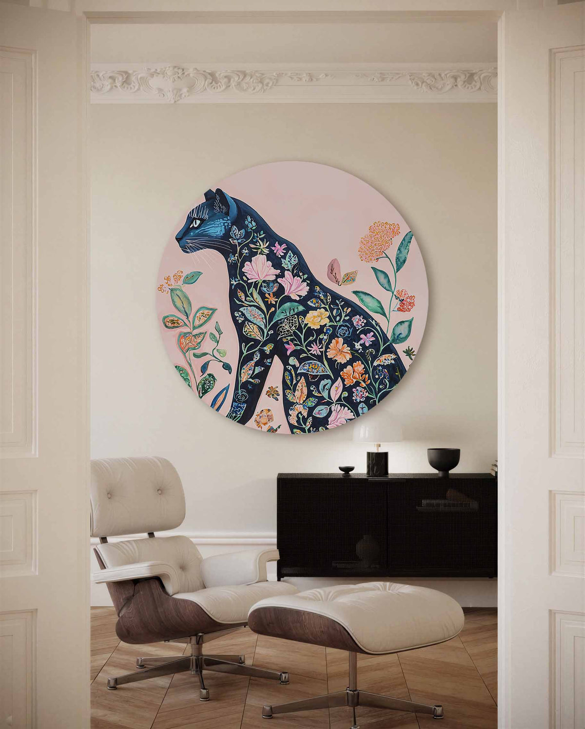 Bloemenkat – illustratie muurcirkel als ronde muurdecoratie