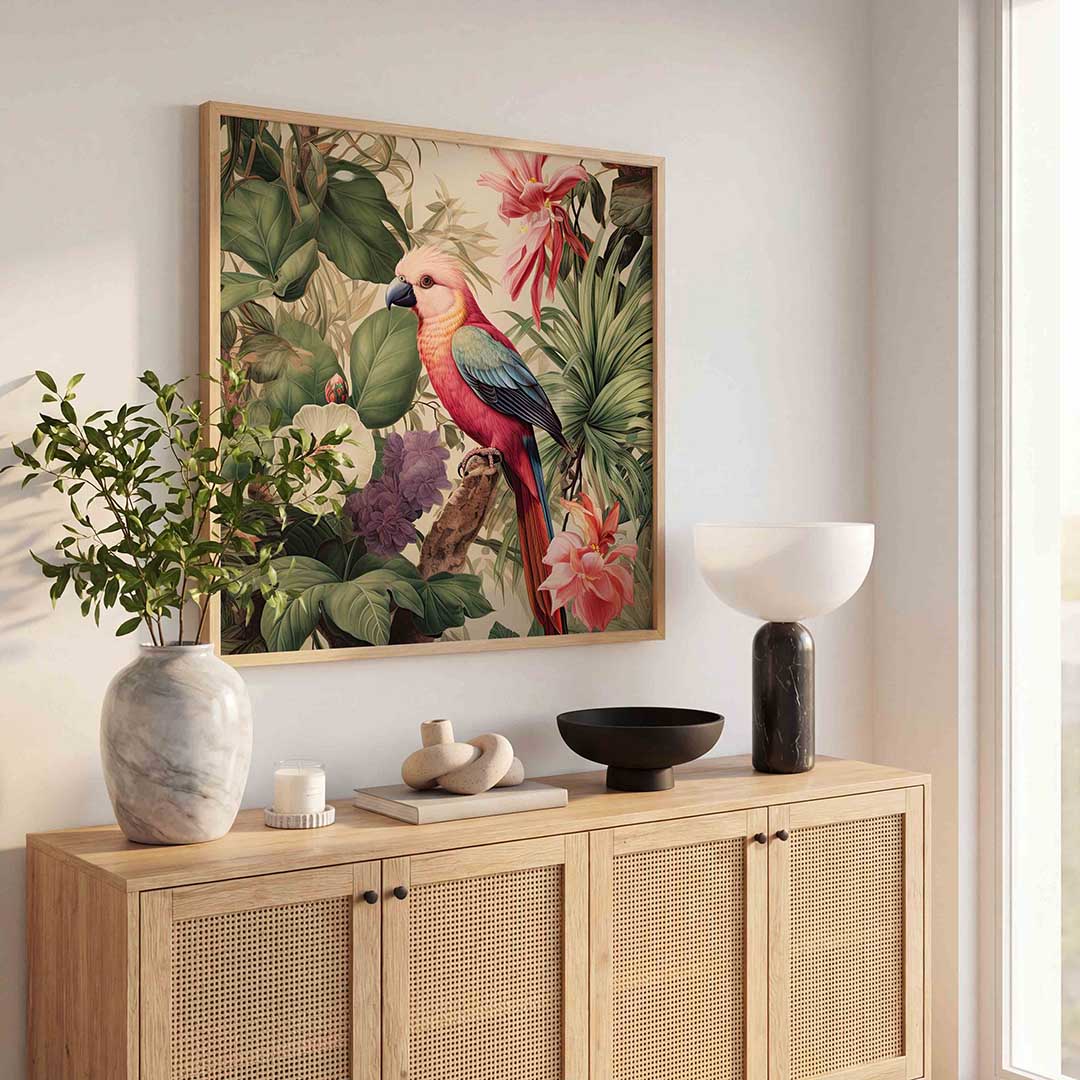 Papegaai en bloemen – tropische poster in vierkant formaat