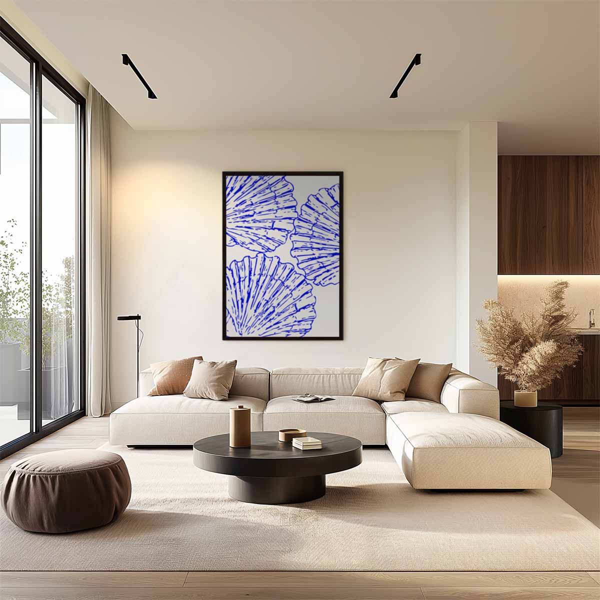 Blauwe schelpenpatroon – dibond wanddecoratie in staand formaat