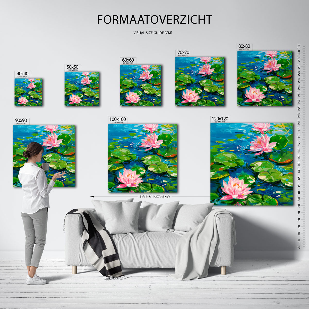 Waterlelies en bladeren – vierkante muurposter met kleurrijke illustratie