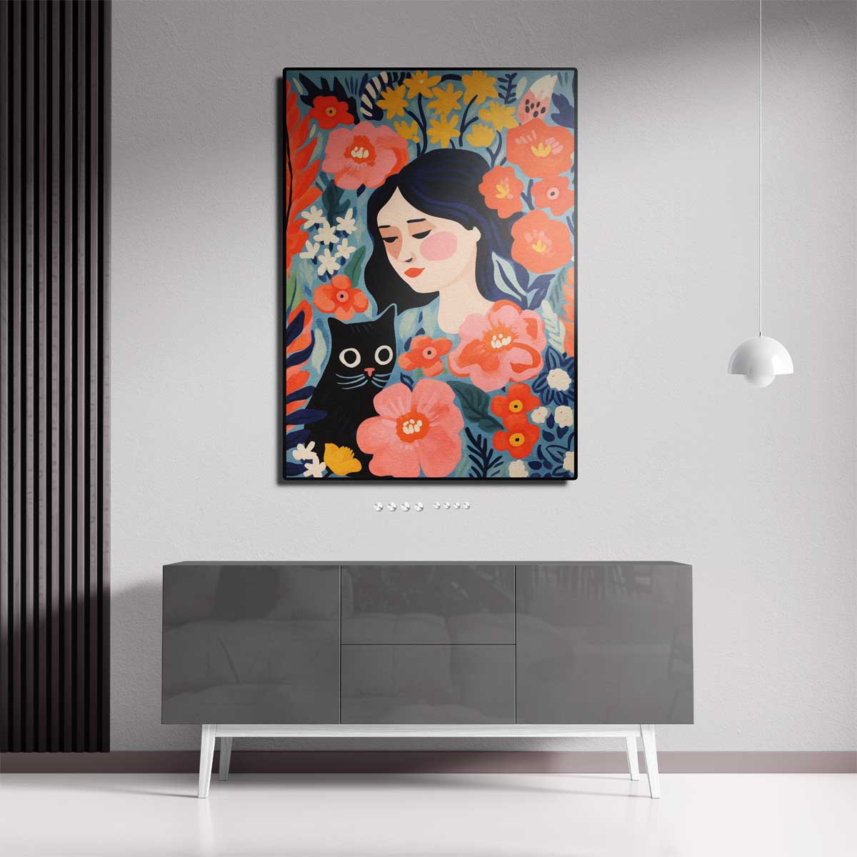 Bloemendroom met Kat – canvas kunstwerk als wanddecoratie