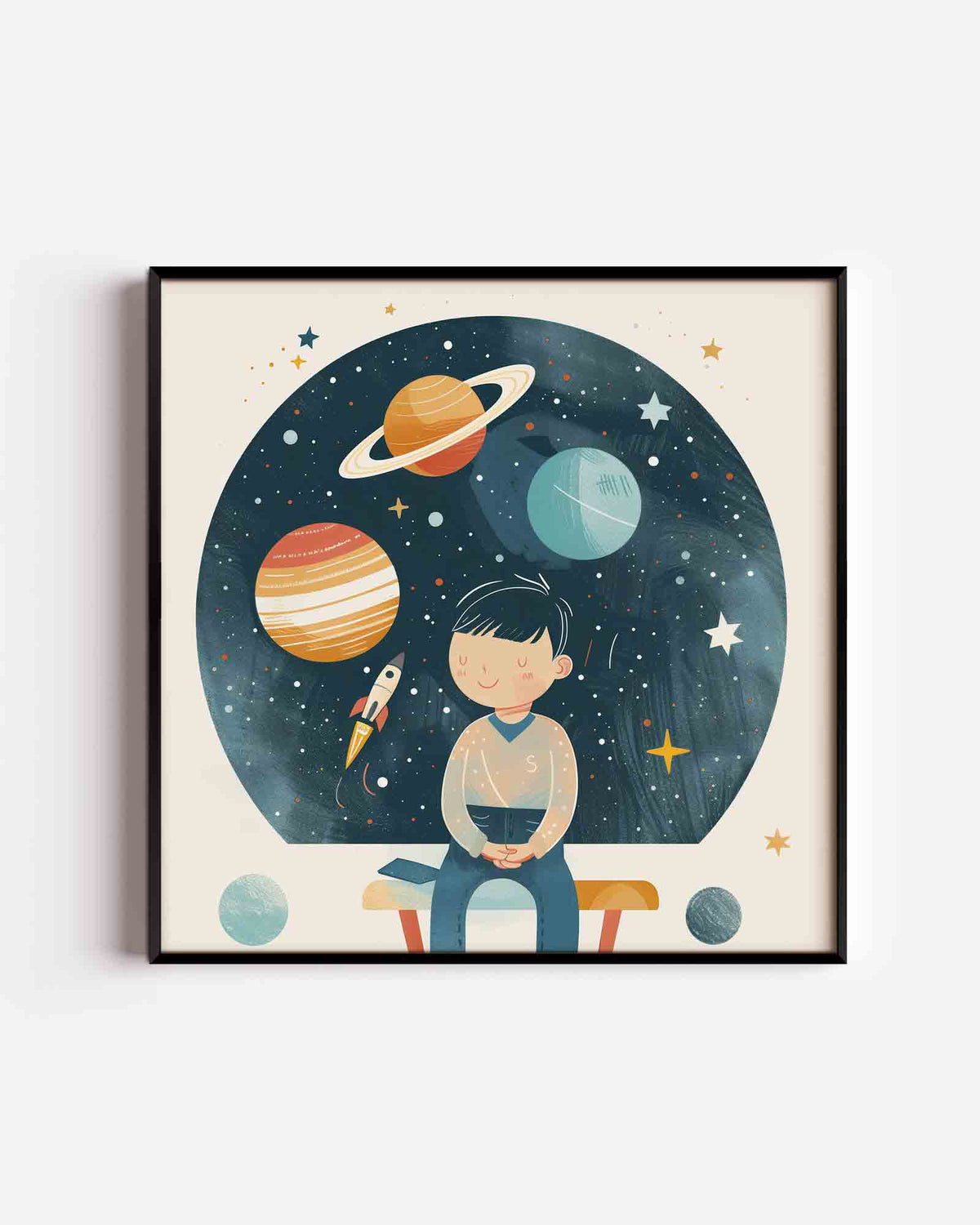 Kind met planeten – vierkante kinderposter als wanddecoratie