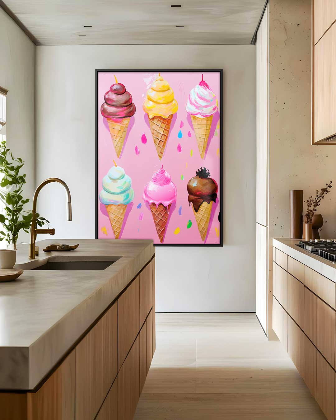 Kleurrijke IJsjes op Roze Achtergrond – staand kunstwerk voor modern interieur