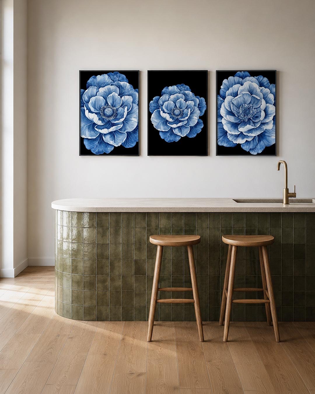 Bloemvormen in blauw posterset – tweede productweergave – een grote bloem met golvende, blauwe en witte bloemblaadjes