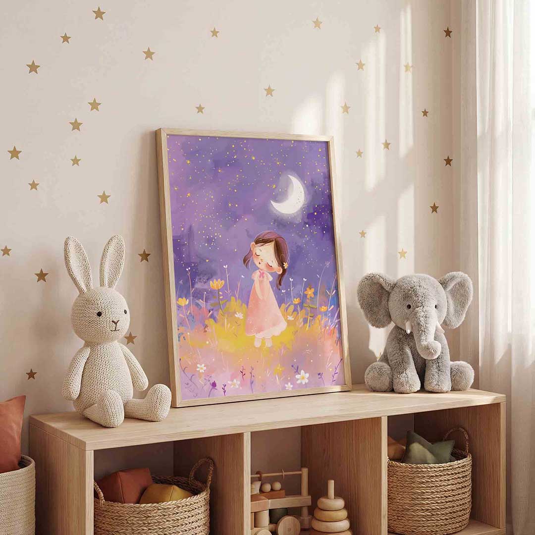 Meisje onder maan – staande kinderkamer wanddecoratie van WallArtistic