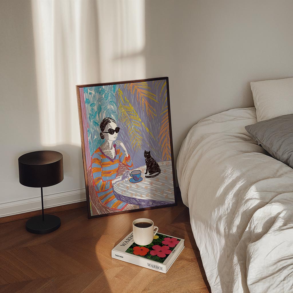 Vrouw met Kat Illustratie – staande zomer wanddecoratie van WallArtistic